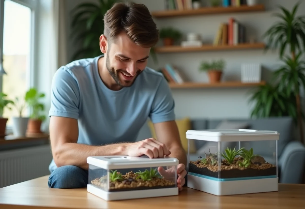 Jeune homme posant un kit d'anti ferme dans un salon lumineux