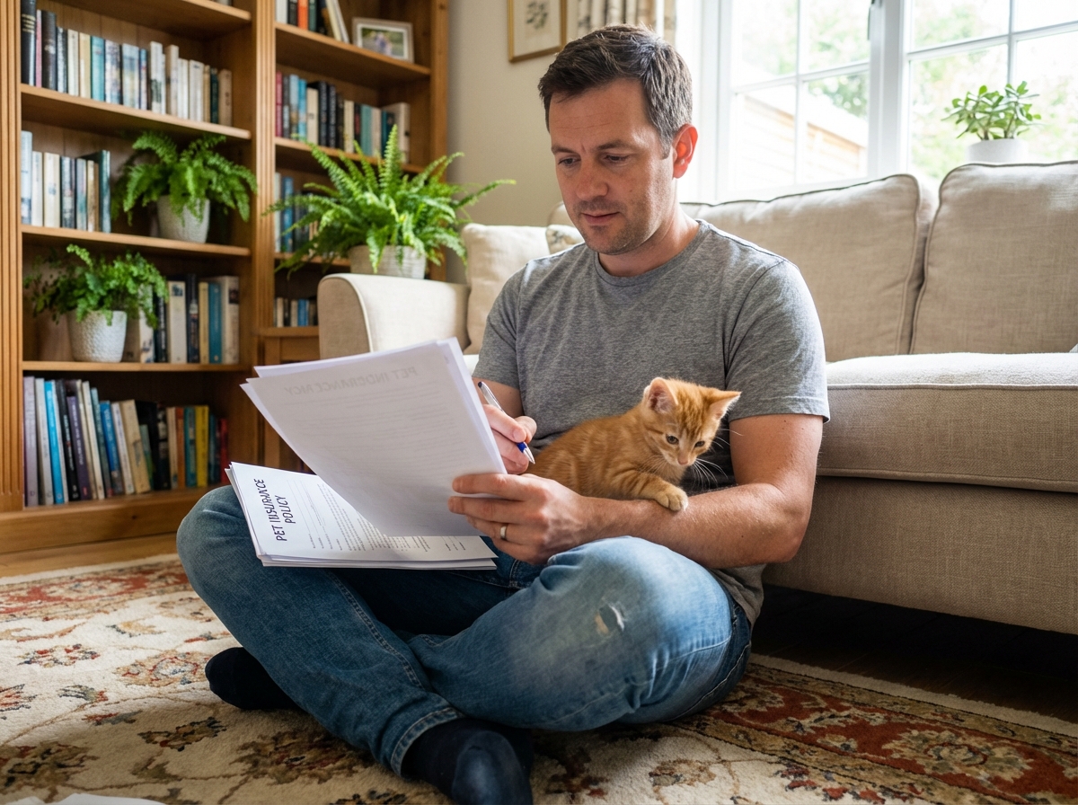 Jeune homme avec chaton ginger dans le salon