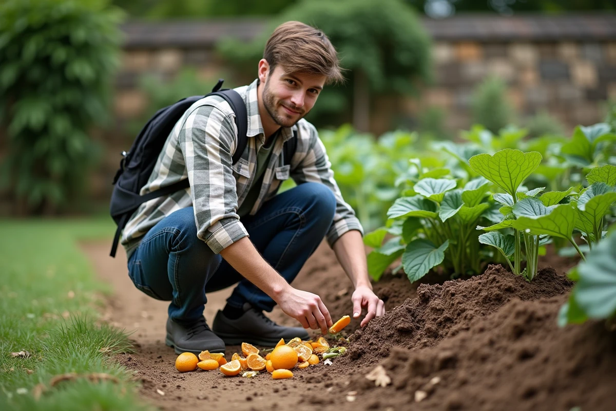 Jeune homme au composteur dans le jardin rural
