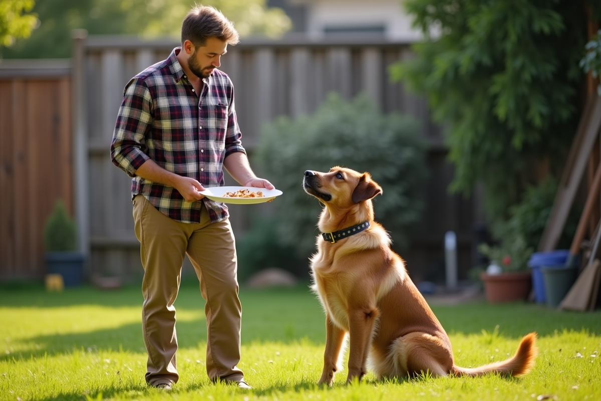Jeune homme dans le jardin avec son chien curieux