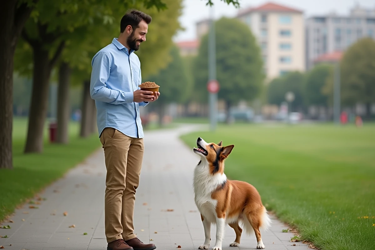Jeune homme avec son chien dans un parc en mangeant des lentilles