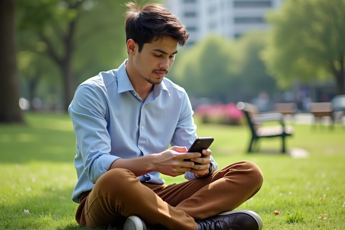 Jeune homme concentré sur son smartphone dans un parc ensoleille