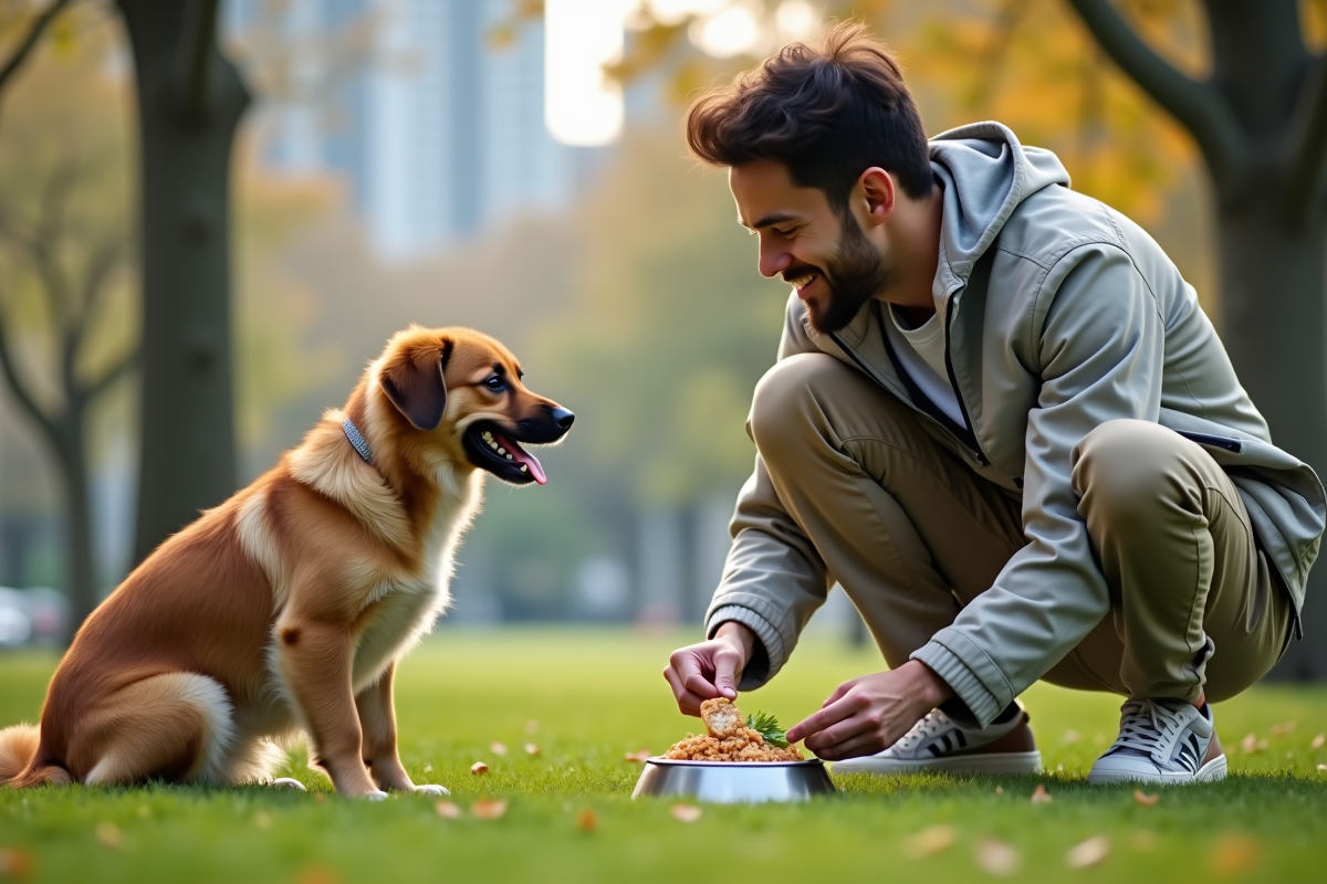 Jeune homme prépare un repas pour son chien dans un parc en plein air