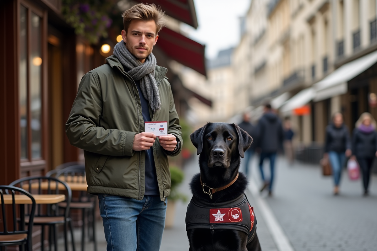 Jeune homme avec chien de service dans une rue parisienne