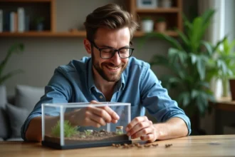 Jeune homme prépare une fourmilière à la maison