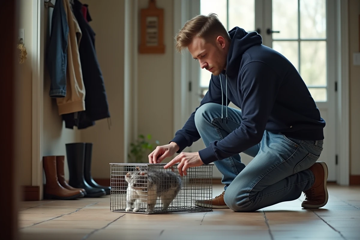 Jeune homme examinant une trappe à chat à l