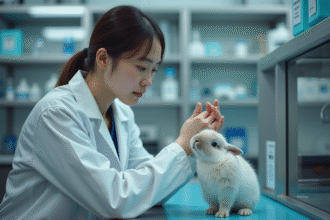 Jeune scientifique observant un lapin dans un laboratoire moderne
