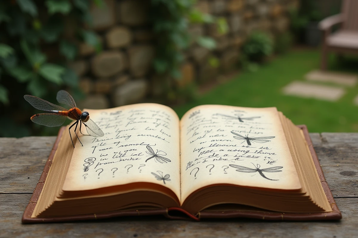 Journal ouvert avec croquis de libellules et notes spirituelles sur une table en bois, illustrant les erreurs d'interprétation des messages angéliques