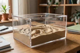 Kit fourmilière creusable en acrylique transparent avec tunnels visibles et jeune colonie de fourmis active sur un bureau en bois
