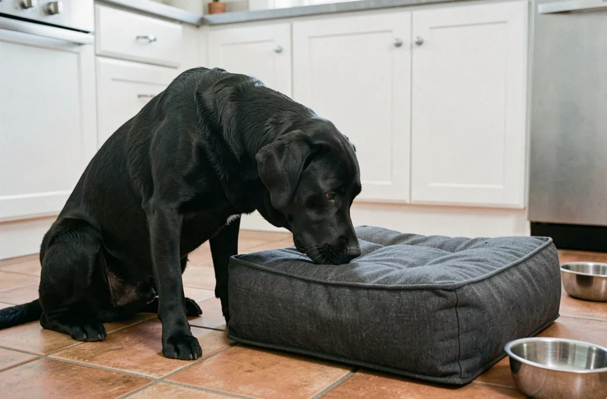 Grand labrador noir reniflant un coussin résistant pour chien sur le sol carrelé d'une cuisine moderne