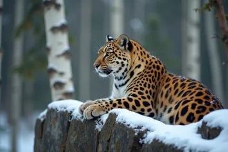 Léopard de l'Amour, l'animal le plus rare du monde, reposant sur un rocher enneigé dans la forêt tempérée de l'Extrême-Orient russe