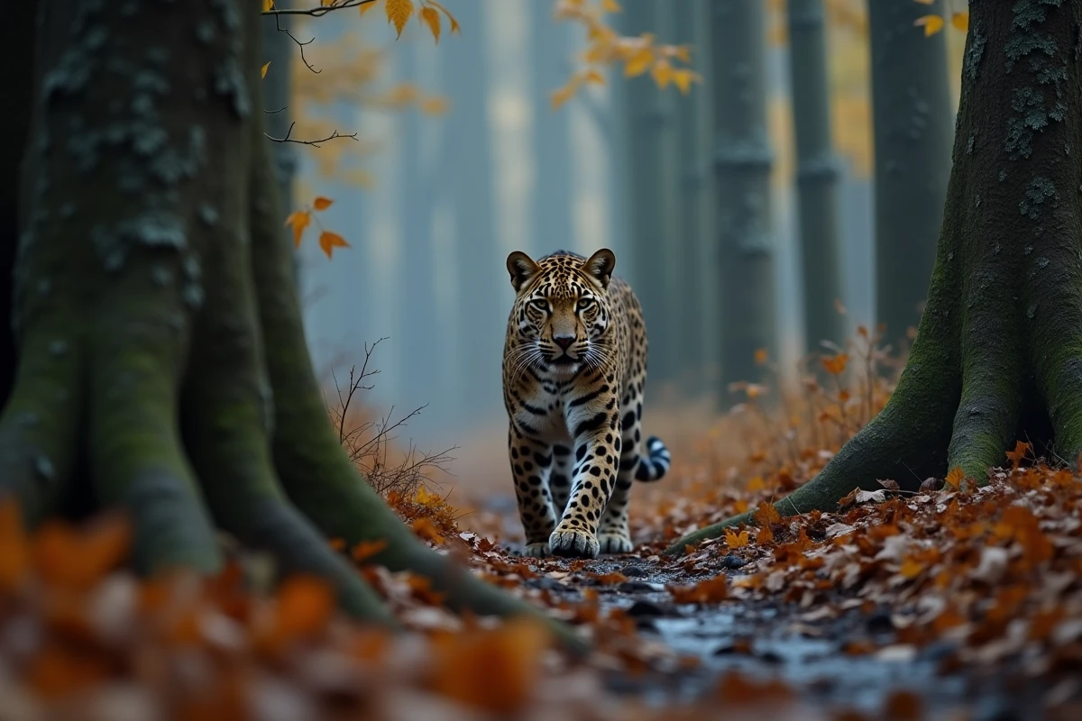 Léopard de l'Amour se déplaçant furtivement dans une forêt mixte brumeuse, illustrant son rôle clé de prédateur apex dans son écosystème