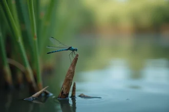 Libellule bleue posée sur un roseau au bord d'un étang, symbolisant la spiritualité et les messages des anges dans la nature