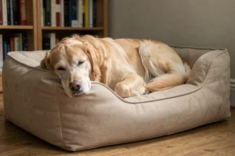 Vieux golden retriever allongé dans un grand lit orthopédique XXL pour chien en intérieur