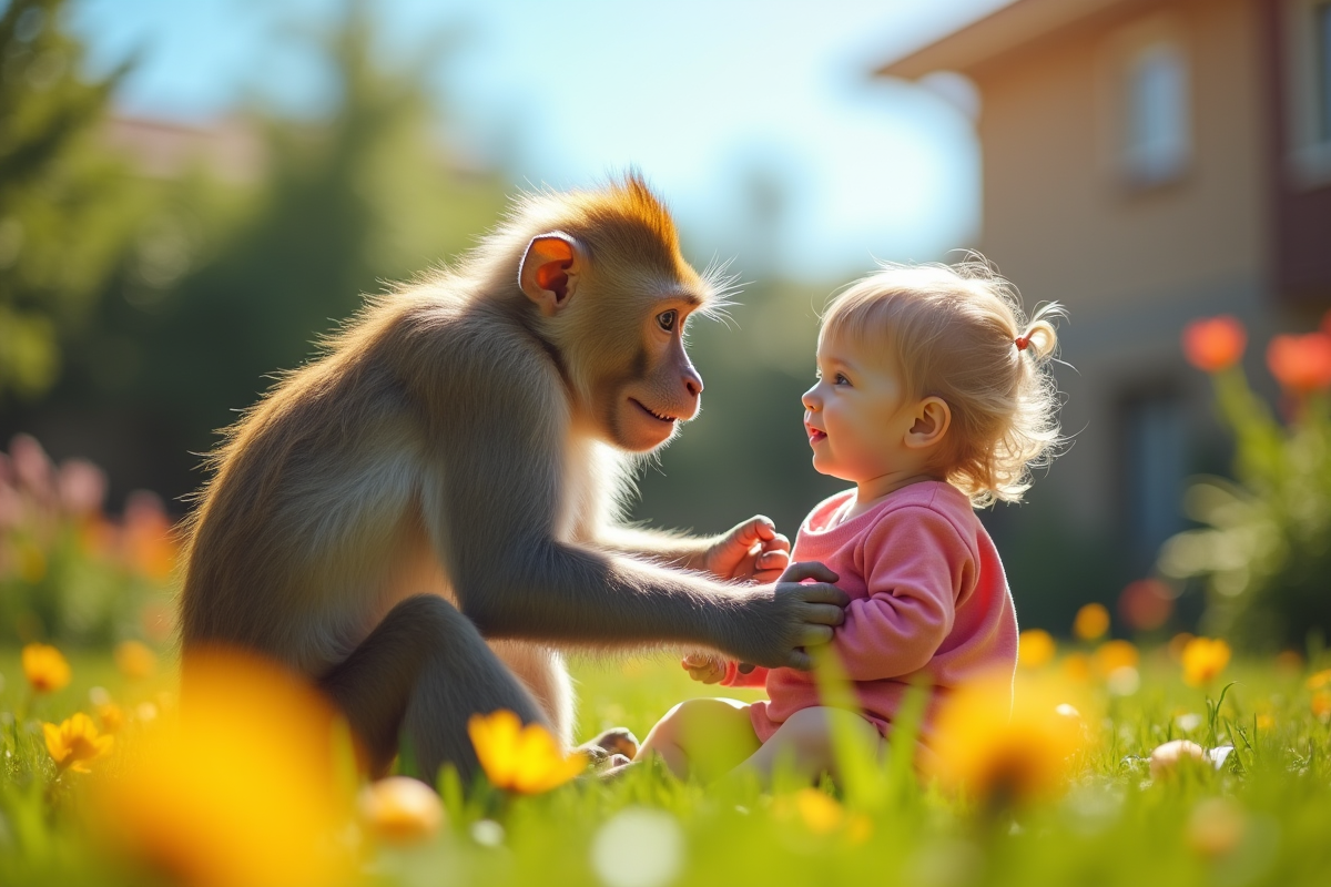 Macaque jouant avec un enfant dans un jardin ensoleille