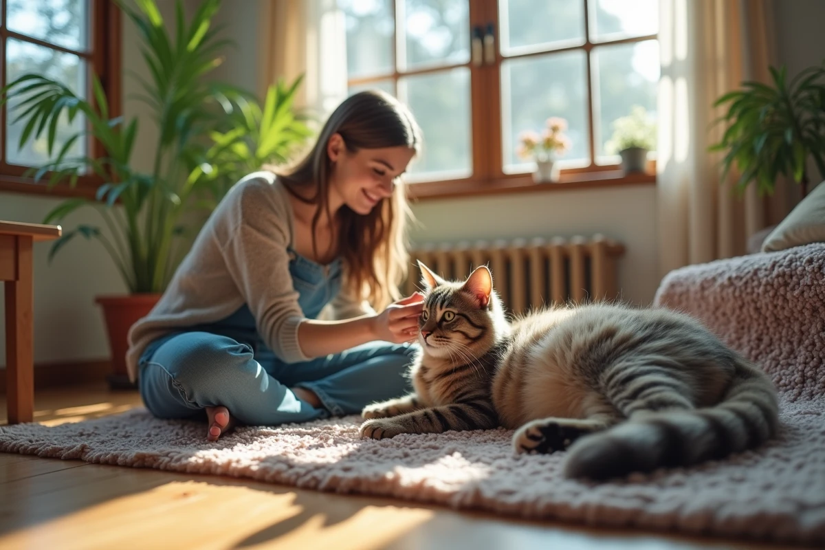 Chat Maine relaxe avec une femme dans un salon lumineux