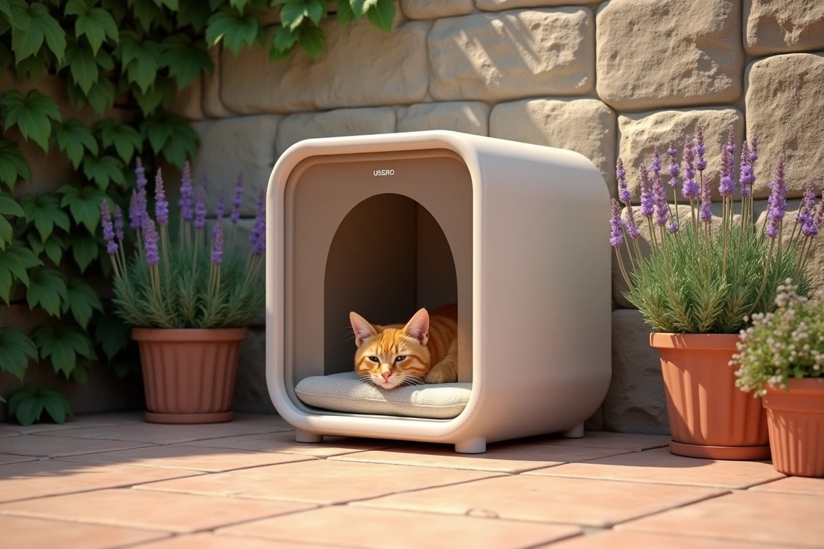 Maison chat extérieure en résine sur une petite terrasse en pierre avec un chat roux à l'intérieur