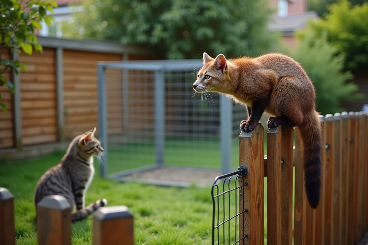Martre européenne perchée sur une clôture en bois dans un jardin