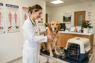 Vétérinaire examinant un chien dans une clinique vétérinaire moderne des Hauts-de-Seine