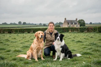 Éducatrice canine professionnelle en Normandie avec deux chiens bien dressés dans un champ verdoyant