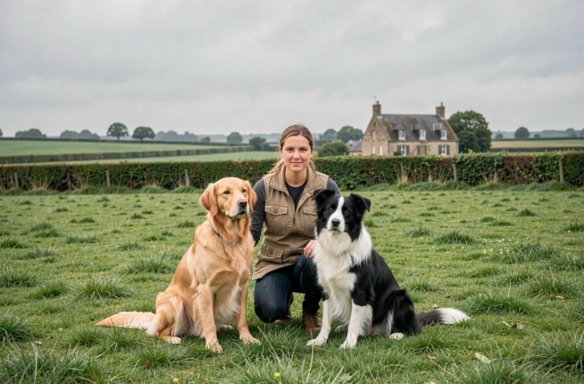 Éducatrice canine professionnelle en Normandie avec deux chiens bien dressés dans un champ verdoyant