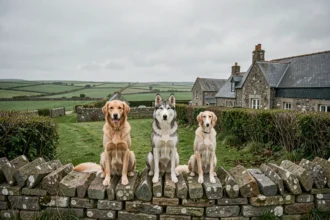 Trois chiens de races différentes assis sur un muret de pierre bretonne entourés de bocage et de fermes en granit, illustrant le thème des éleveurs de chiens en Bretagne