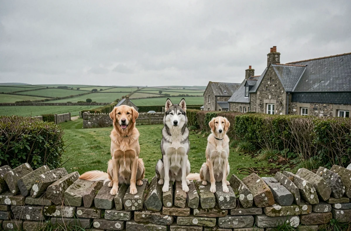 Trois chiens de races différentes assis sur un muret de pierre bretonne entourés de bocage et de fermes en granit, illustrant le thème des éleveurs de chiens en Bretagne