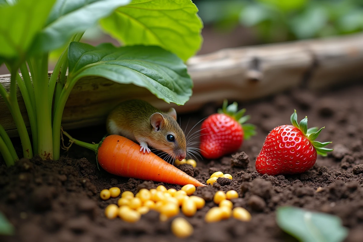 Mulot dans un potager rongeant des légumes et des fruits avec des dégâts visibles sur les cultures