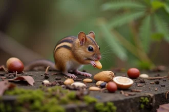 Mulot sylvestre mangeant des graines et des glands sur un tronc moussu en forêt