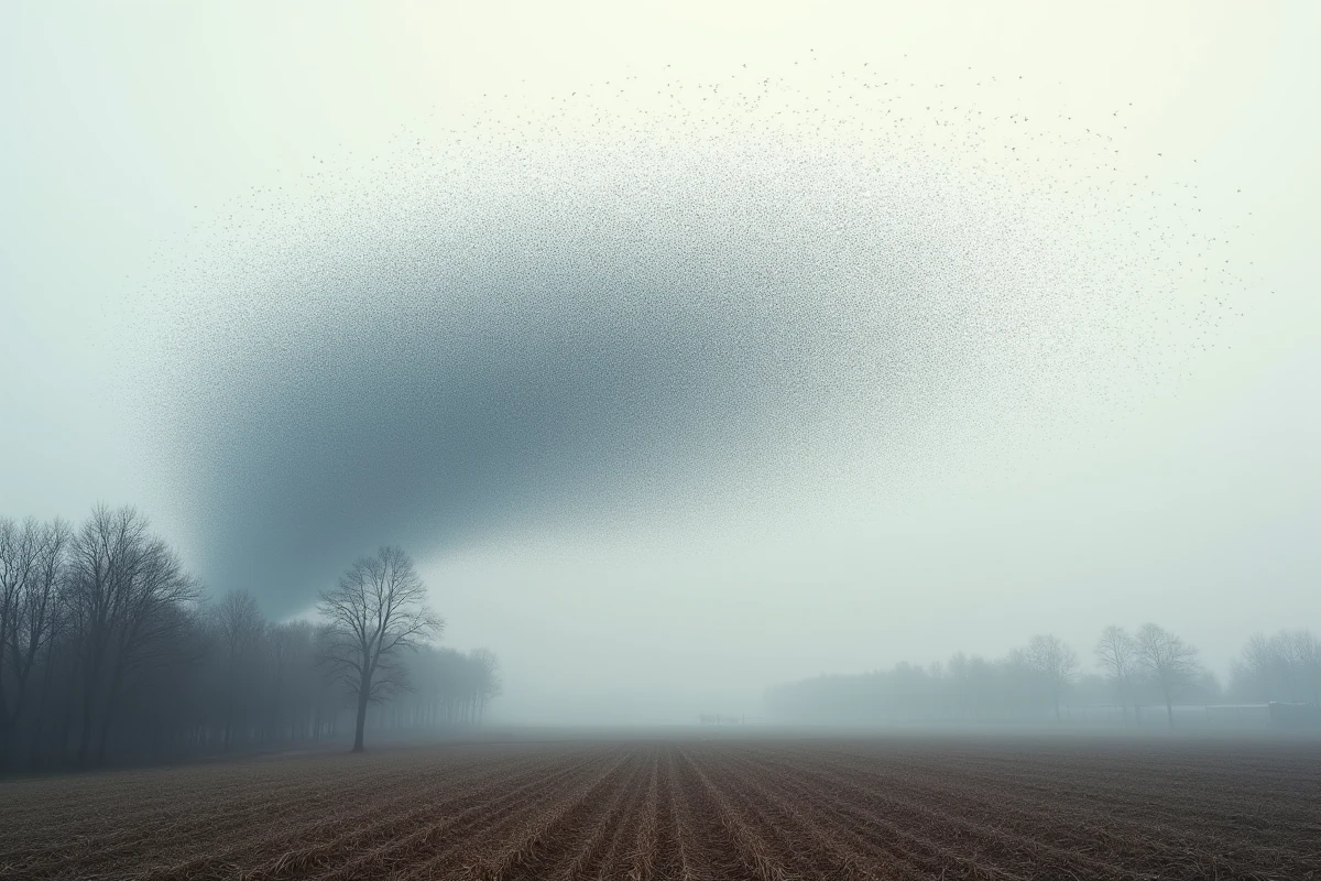 Nuée d'étourneaux en murmurations formant des formes tourbillonnantes dans un ciel hivernal gris, phénomène naturel associé aux présages et à la symbolique des oiseaux