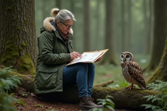 Ornithologue femme dans la forêt avec hiboux et chouettes