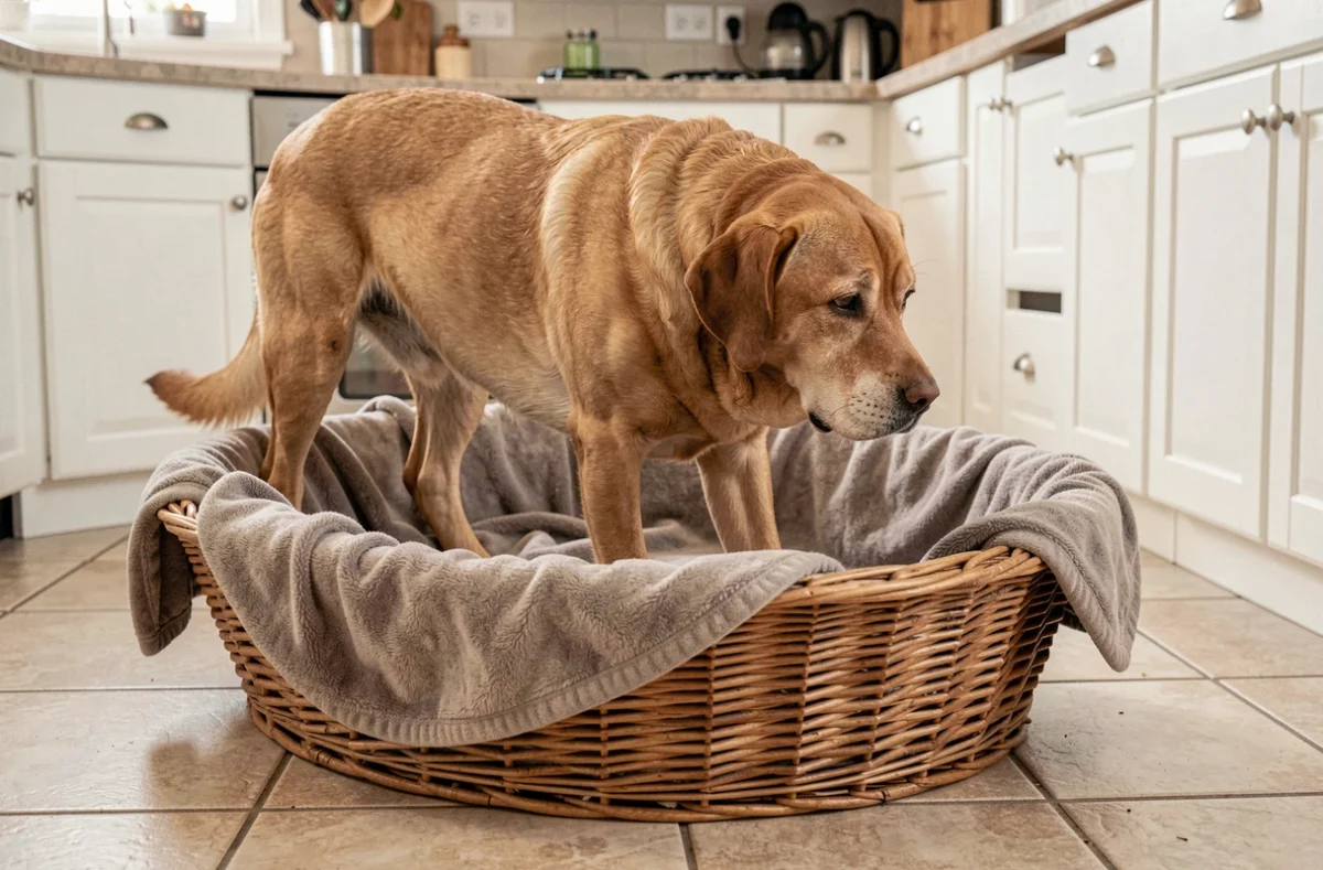 Vieux labrador entrant dans un grand panier en osier confortable sur carrelage de cuisine