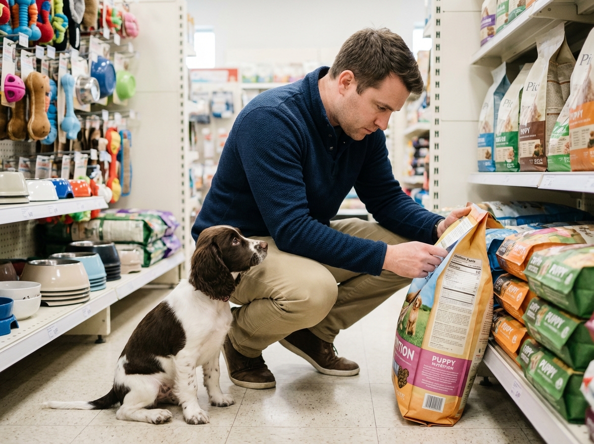 Père inspecte des sacs de croquettes pour chiots dans une animalerie