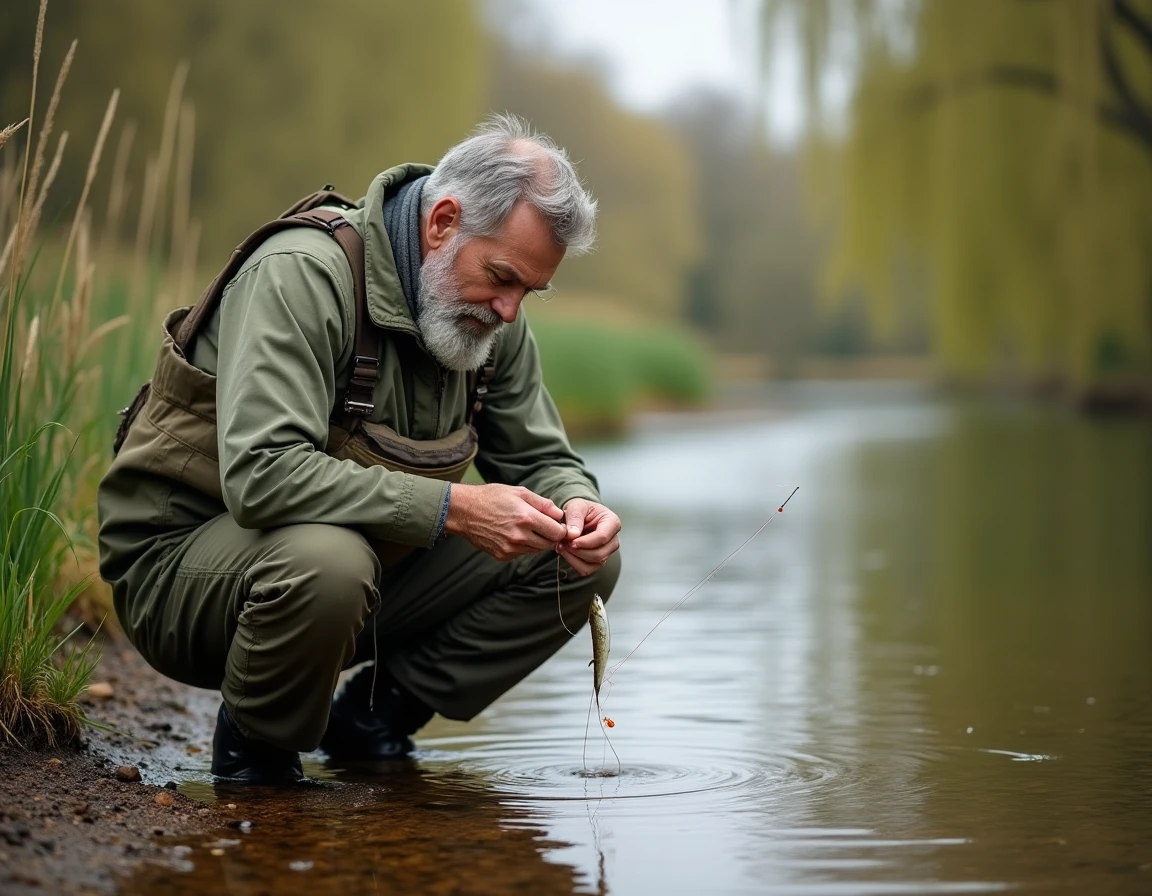 Pêcheur montant un bas de ligne discret pour la pêche du brochet en eau claire