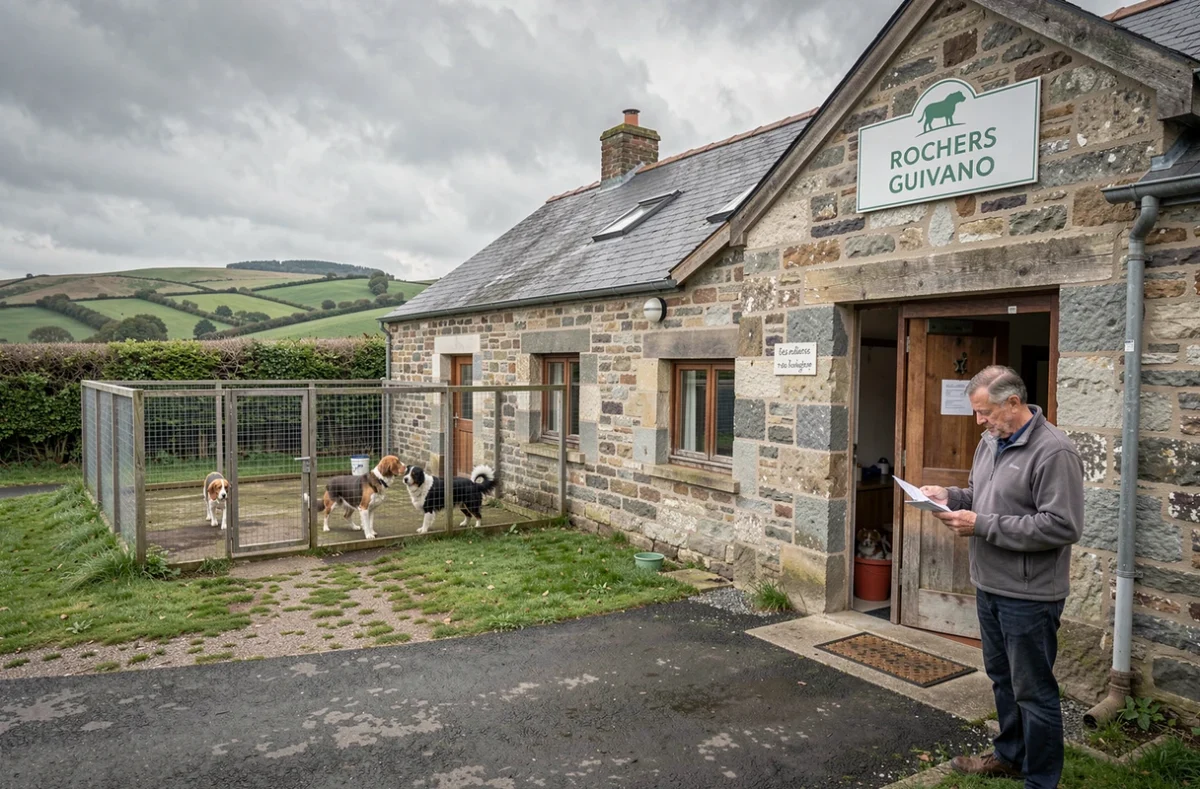 Établissement canin en Bretagne combinant pension et élevage avec un Beagle et un Border Collie dans leurs enclos, illustrant la Pension Élevage les Rochers Guivano
