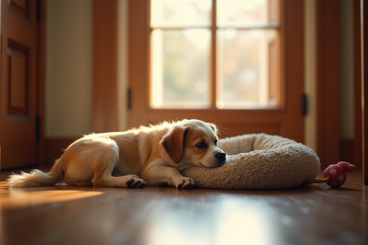 Petit chien près d’un lit pour animal dans un couloir calme