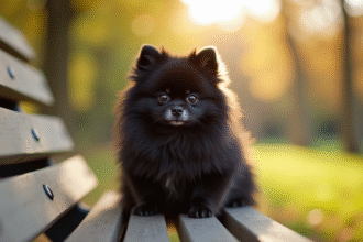 Petit pomeranian noir assis sur un banc en parc en plein soleil