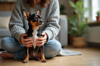 Jeune femme tenant un petit chien à poil court de race bouledogue français dans un salon moderne, idéal pour une première adoption