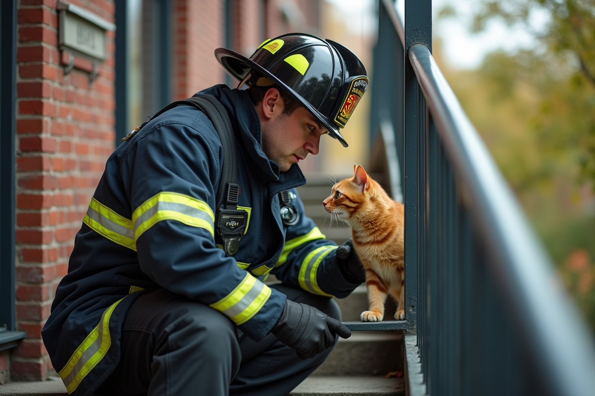 Pompiers sauvant un chat orange dans un escalier extérieur