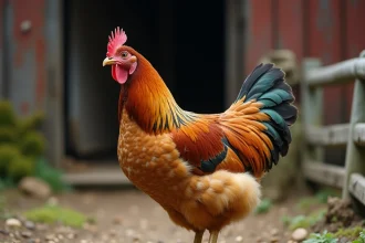 Poule Brahma au plumage buff lacé debout dans une basse-cour rustique en train de picorer du grain