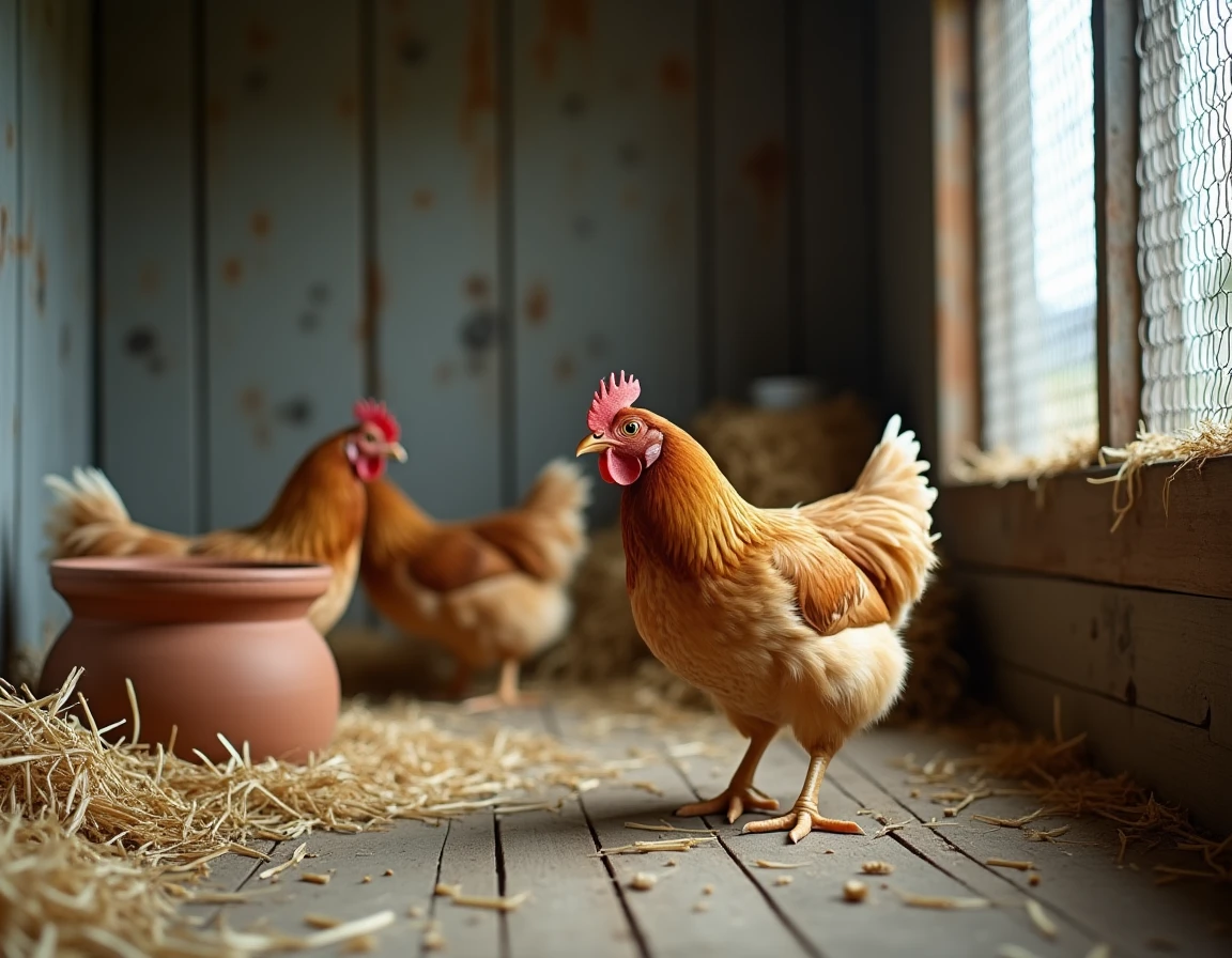 Groupe de poules Brahma dans un poulailler en bois avec de la paille et une mangeoire en terre cuite