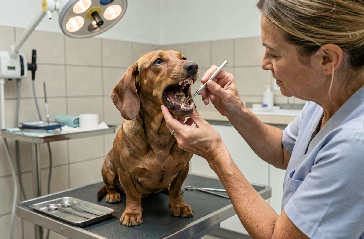 Un vétérinaire examine les dents d'un teckel souffrant de problèmes dentaires récurrents avec tartre et gencives rouges