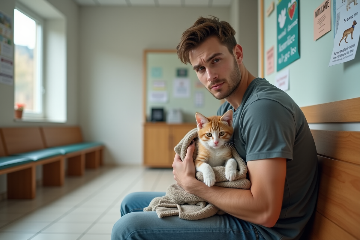 Jeune propriétaire avec un chaton dans la salle d