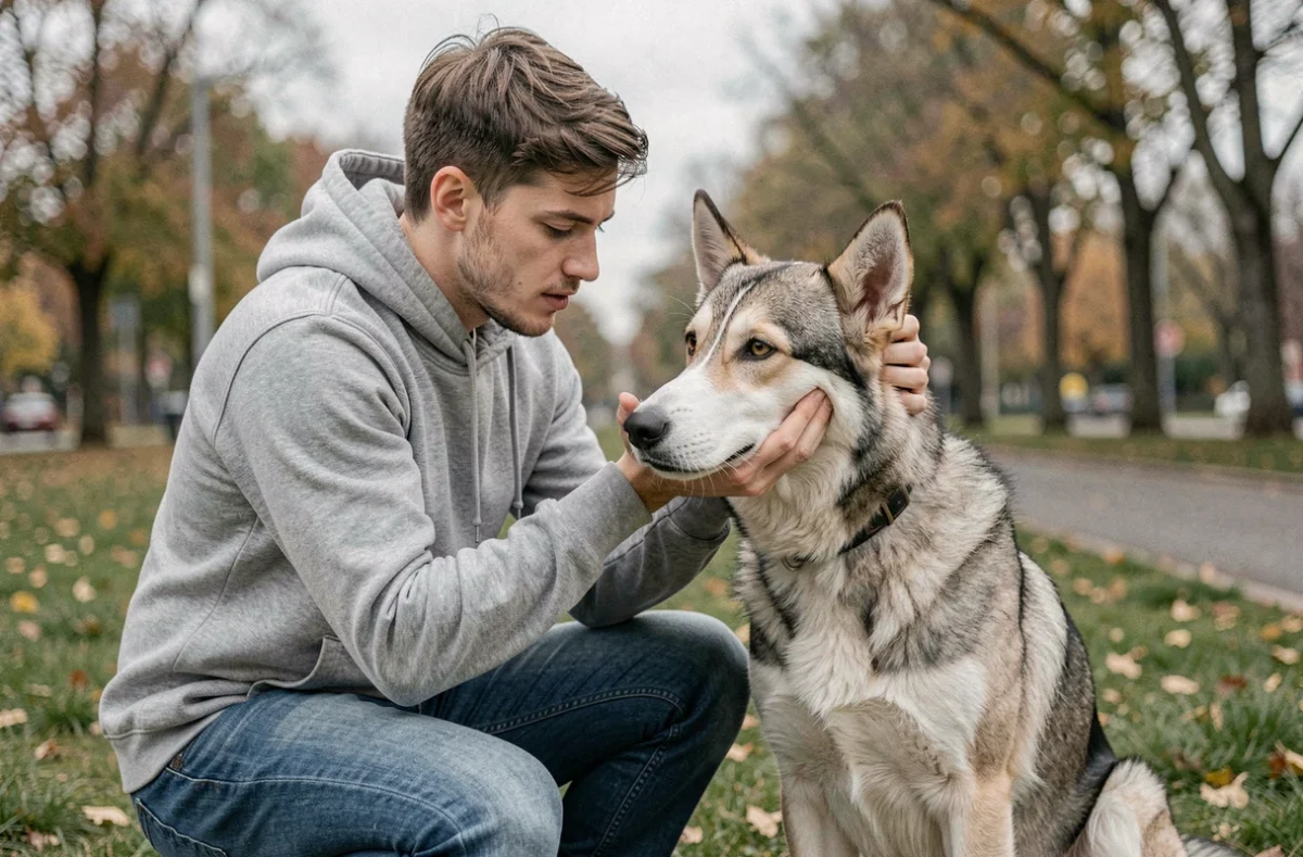 Propriétaire inspectant les oreilles de son croisement husky berger allemand dans un parc