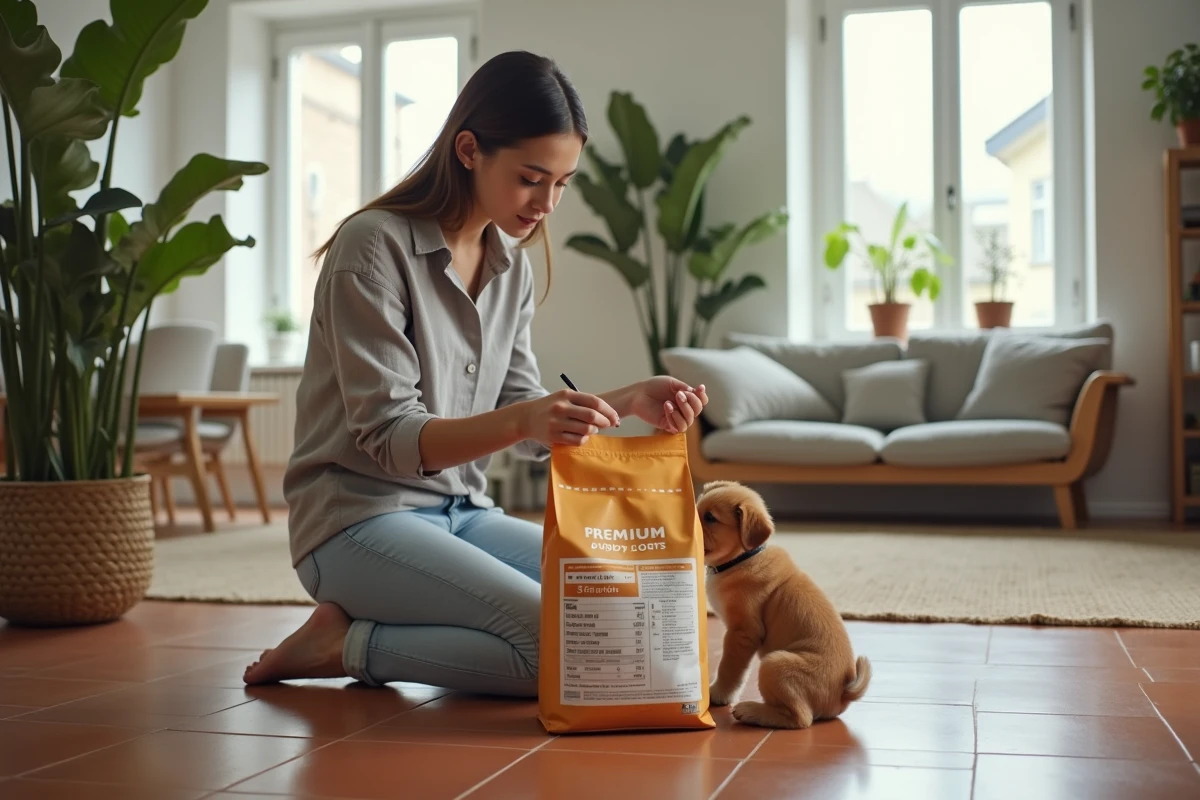 Jeune femme lisant l'étiquette nutritionnelle d'un sac de croquettes Ultra Premium pour chiot avec son chien