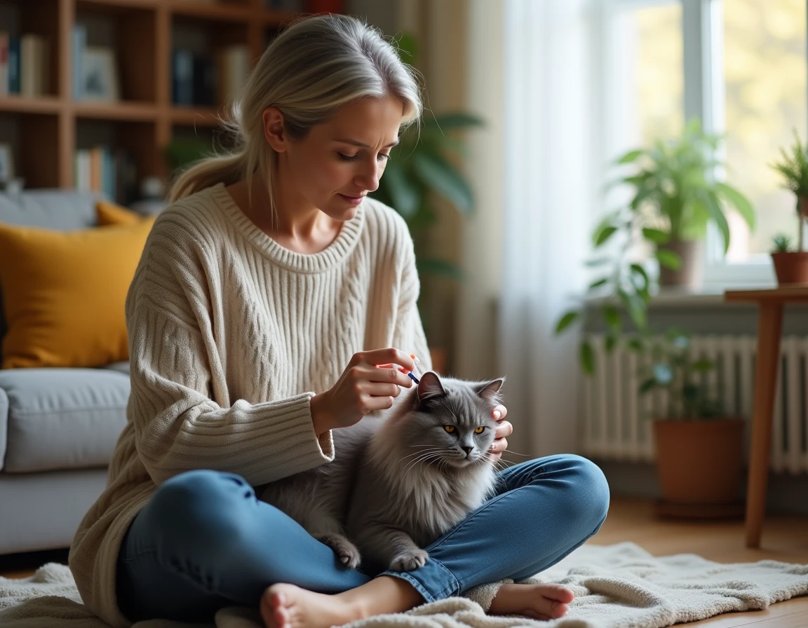Propriétaire administrant un médicament oral à son chat persan gris à domicile