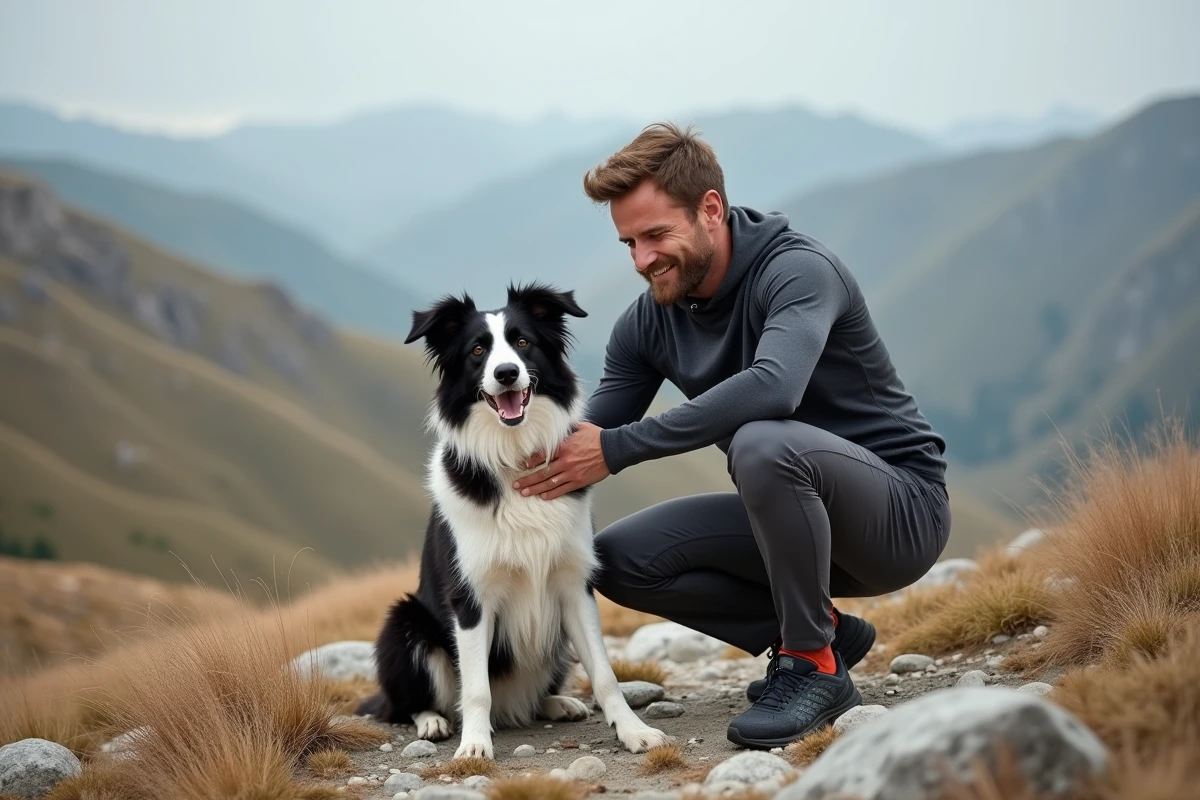 Randonneur et border collie au repos sur une crête rocheuse avec vue panoramique sur la vallée