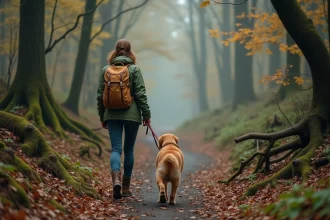 Femme en veste de randonnée avec son golden retriever sur un sentier forestier en automne