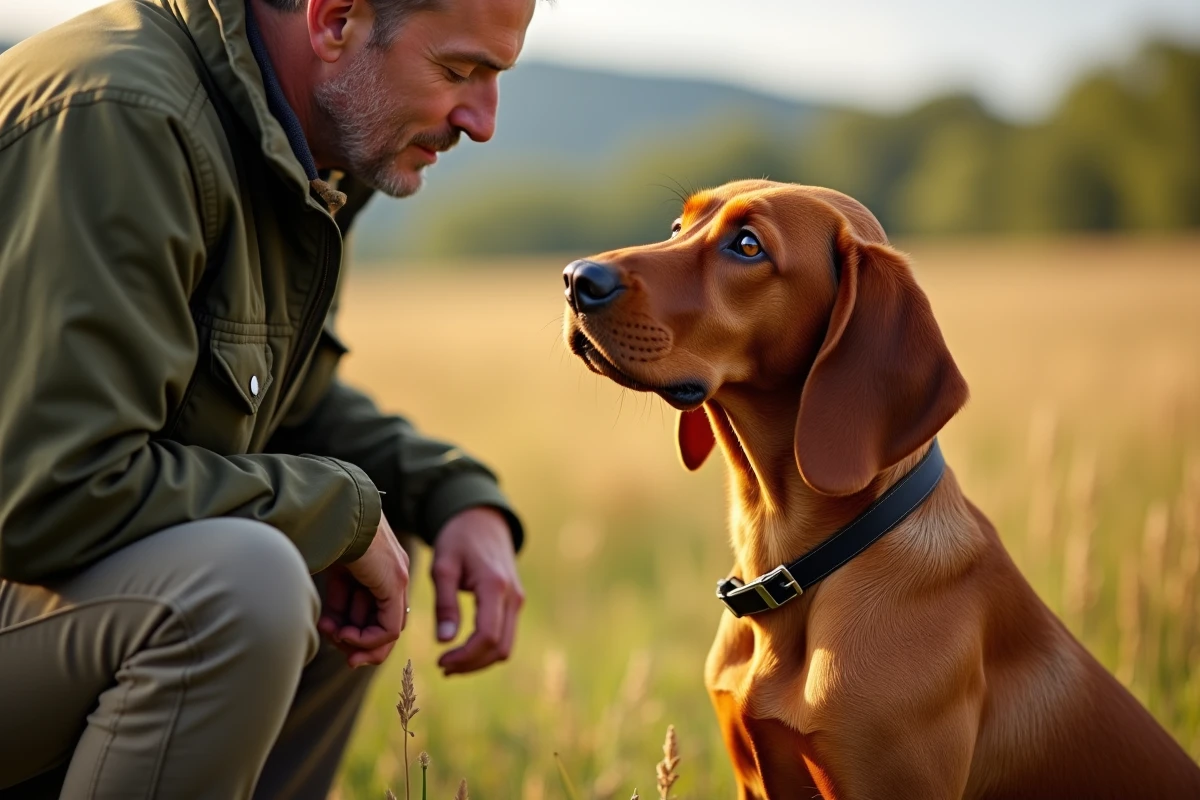 Red Coonhound regardant son maître avec affection lors d'un entraînement en plein air