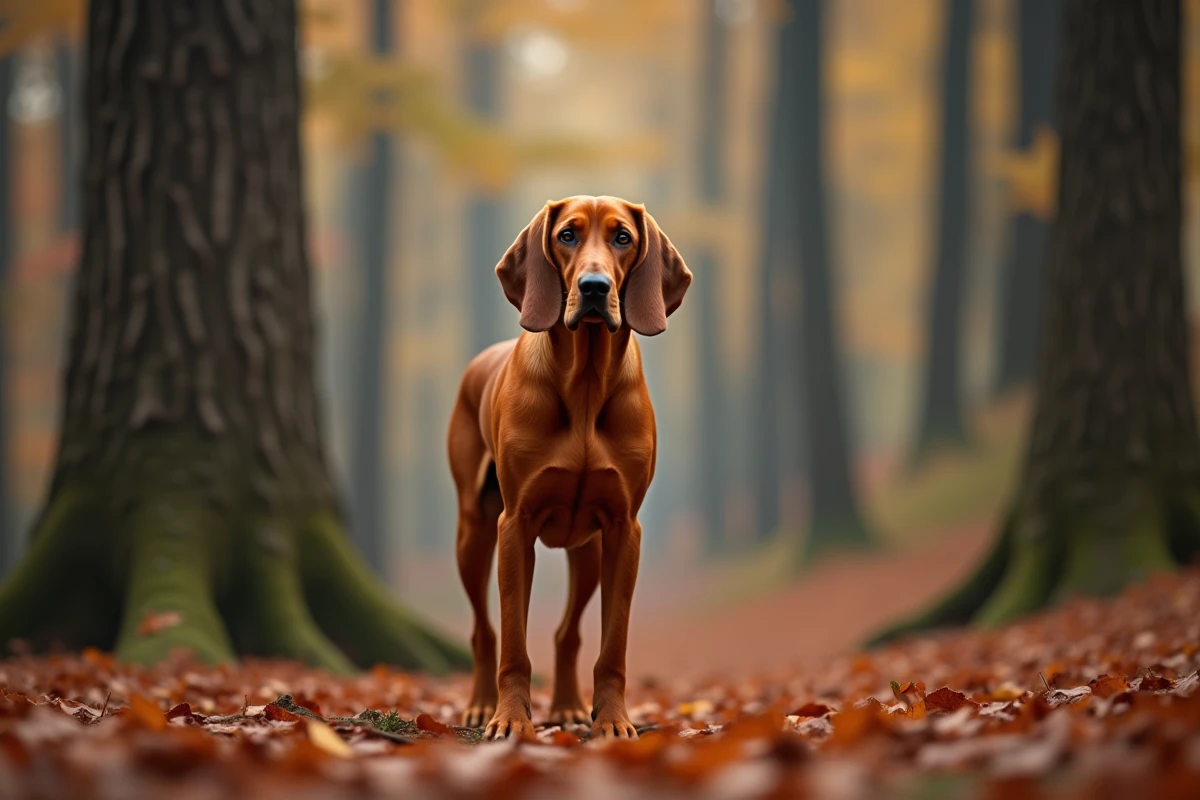 Red Coonhound en alerte dans une forêt d'automne aux feuilles rousses et dorées